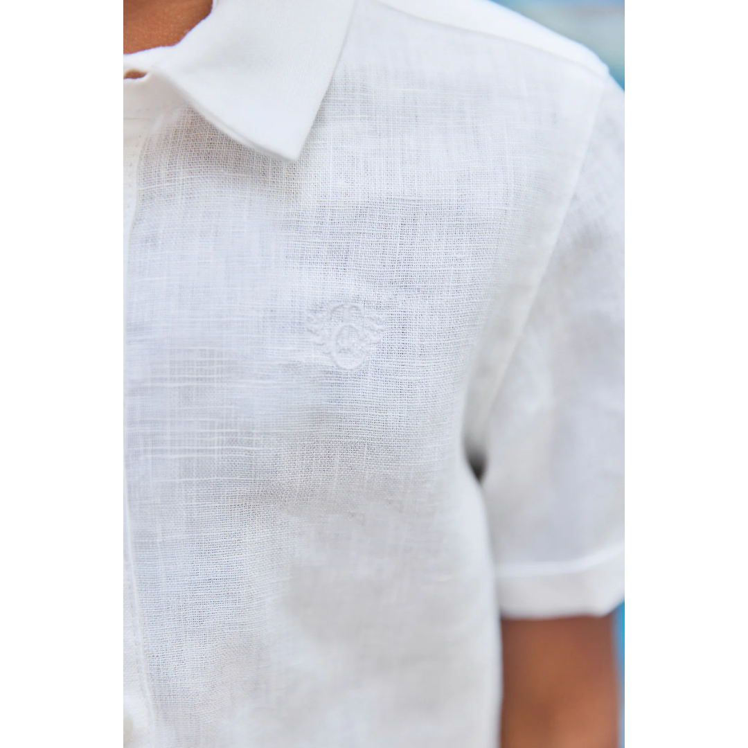 Boys White Linen Shirt &amp; Sand Linen Ceremony Shorts Set