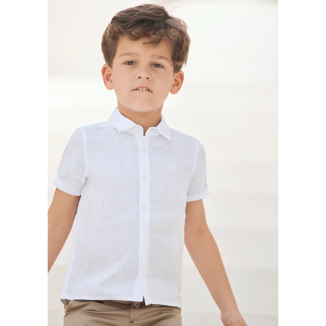 Boys White Linen Shirt &amp; Sand Linen Ceremony Shorts Set