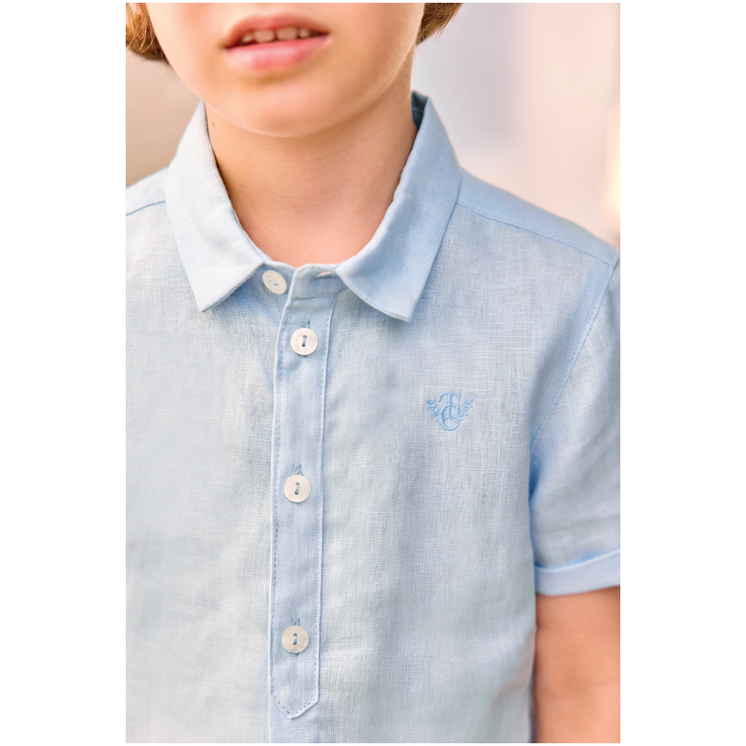 Boys Blue Cloud Linen Shirt &amp; White Linen Shorts Ceremony Set