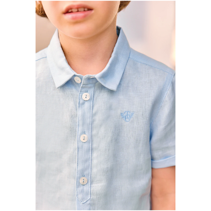 Boys Blue Cloud Linen Shirt &amp; White Linen Shorts Ceremony Set