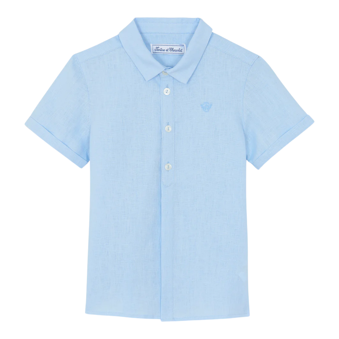 Boys Blue Cloud Linen Shirt &amp; White Linen Shorts Ceremony Set