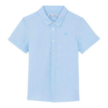 Boys Blue Cloud Linen Shirt &amp; White Linen Shorts Ceremony Set