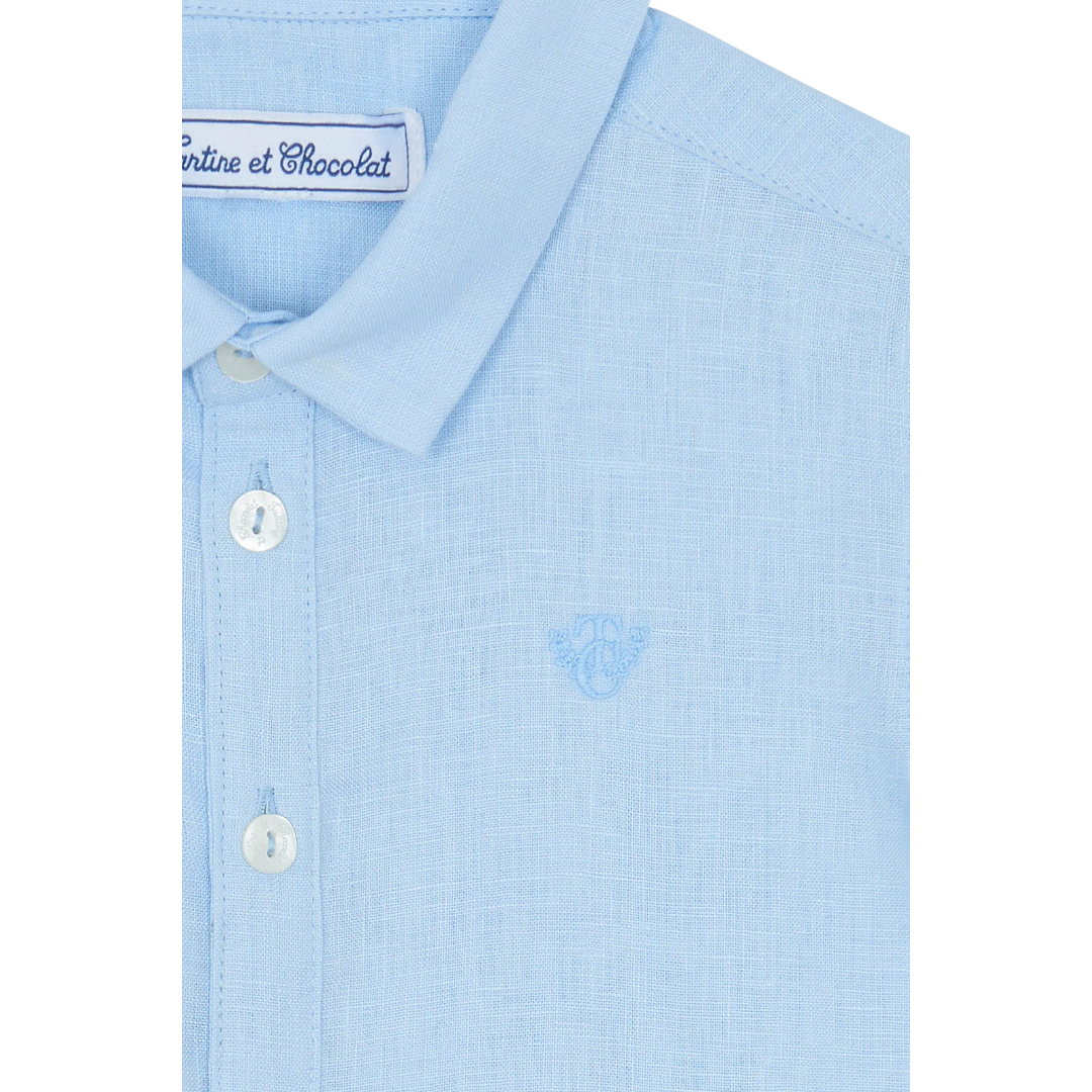 Boys Blue Cloud Linen Shirt &amp; White Linen Shorts Ceremony Set