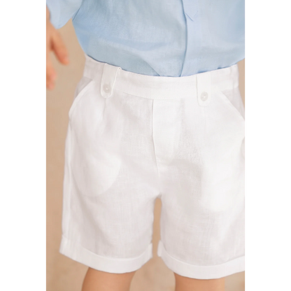 Boys Blue Cloud Linen Shirt &amp; White Linen Shorts Ceremony Set