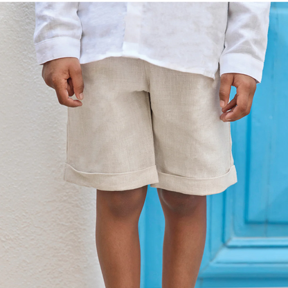 Boys White Linen Shirt &amp; Sand Linen Ceremony Shorts Set
