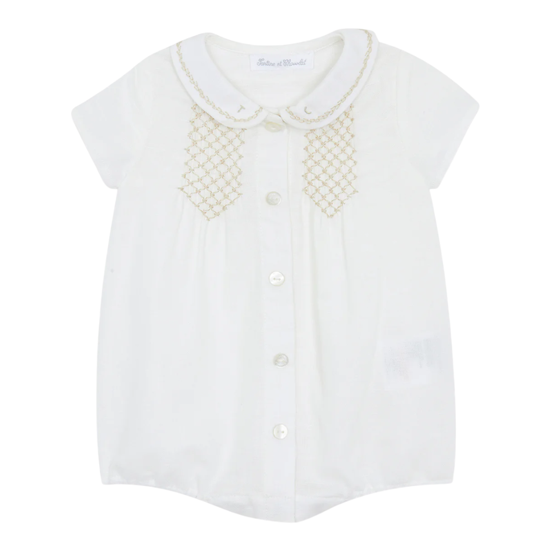 Baby Ecru Linen &amp; Cotton Smocked Short Jumpsuit