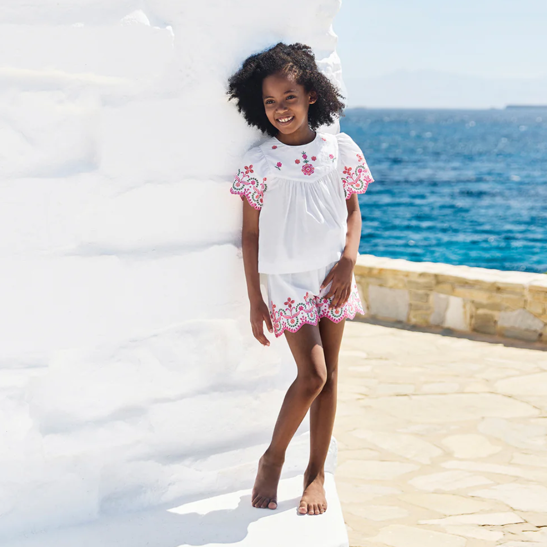 Girls White Embroidered Cotton Short Set