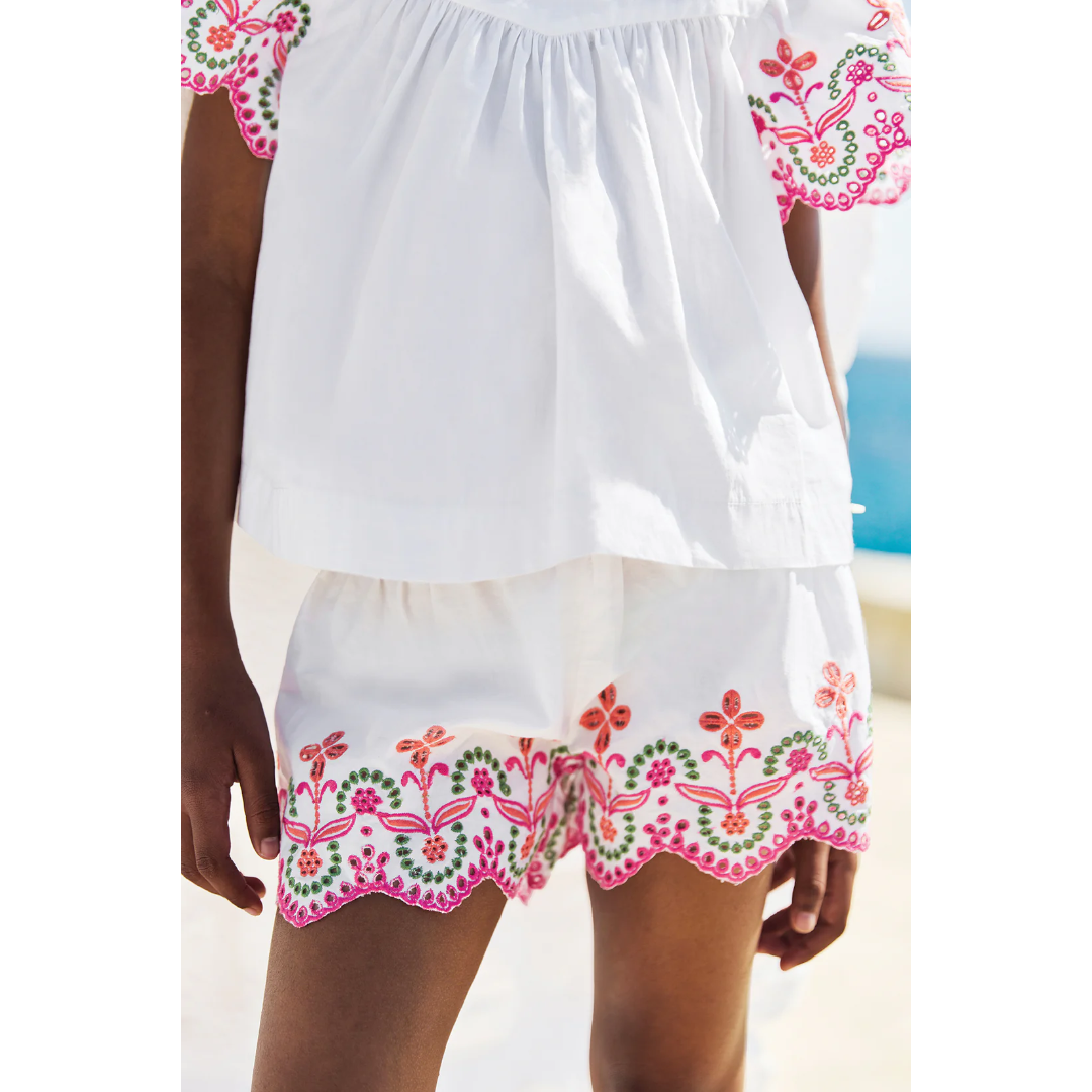 Girls White Embroidered Cotton Short Set