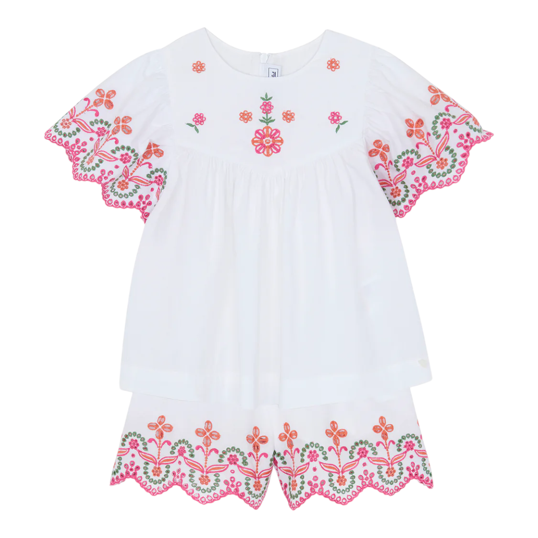 Girls White Embroidered Cotton Short Set