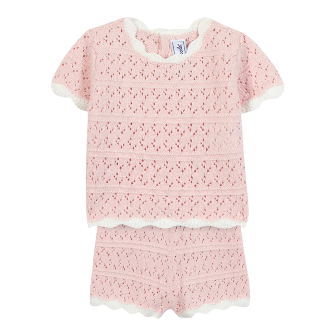 Girls Pale Pink Openwork Knit Short Set