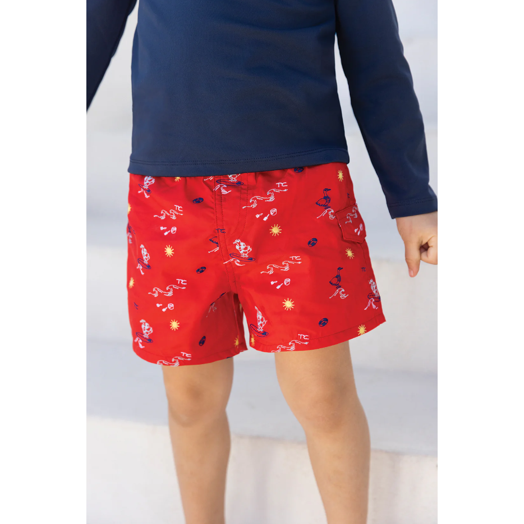 Boys Red Surfer Print Swim Shorts