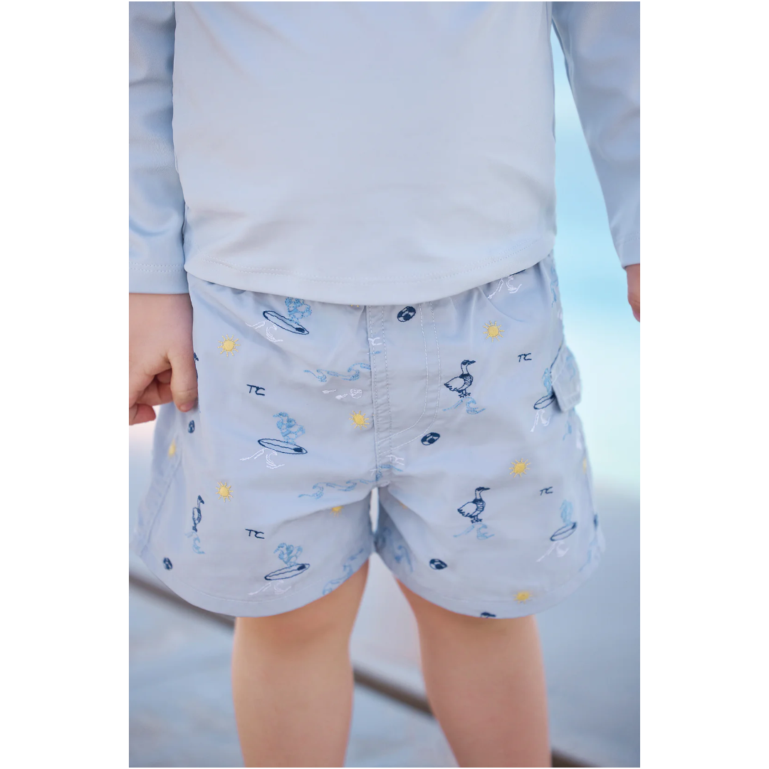 Boys Blue Seaside Print Swim Shorts