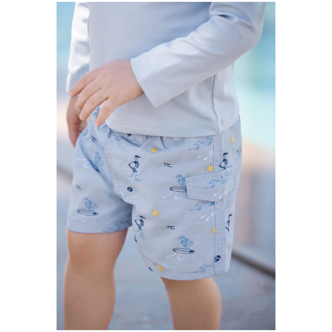 Boys Blue Seaside Print Swim Shorts