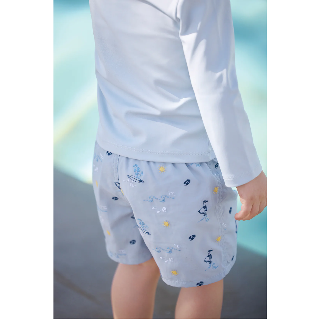 Boys Blue Seaside Print Swim Shorts