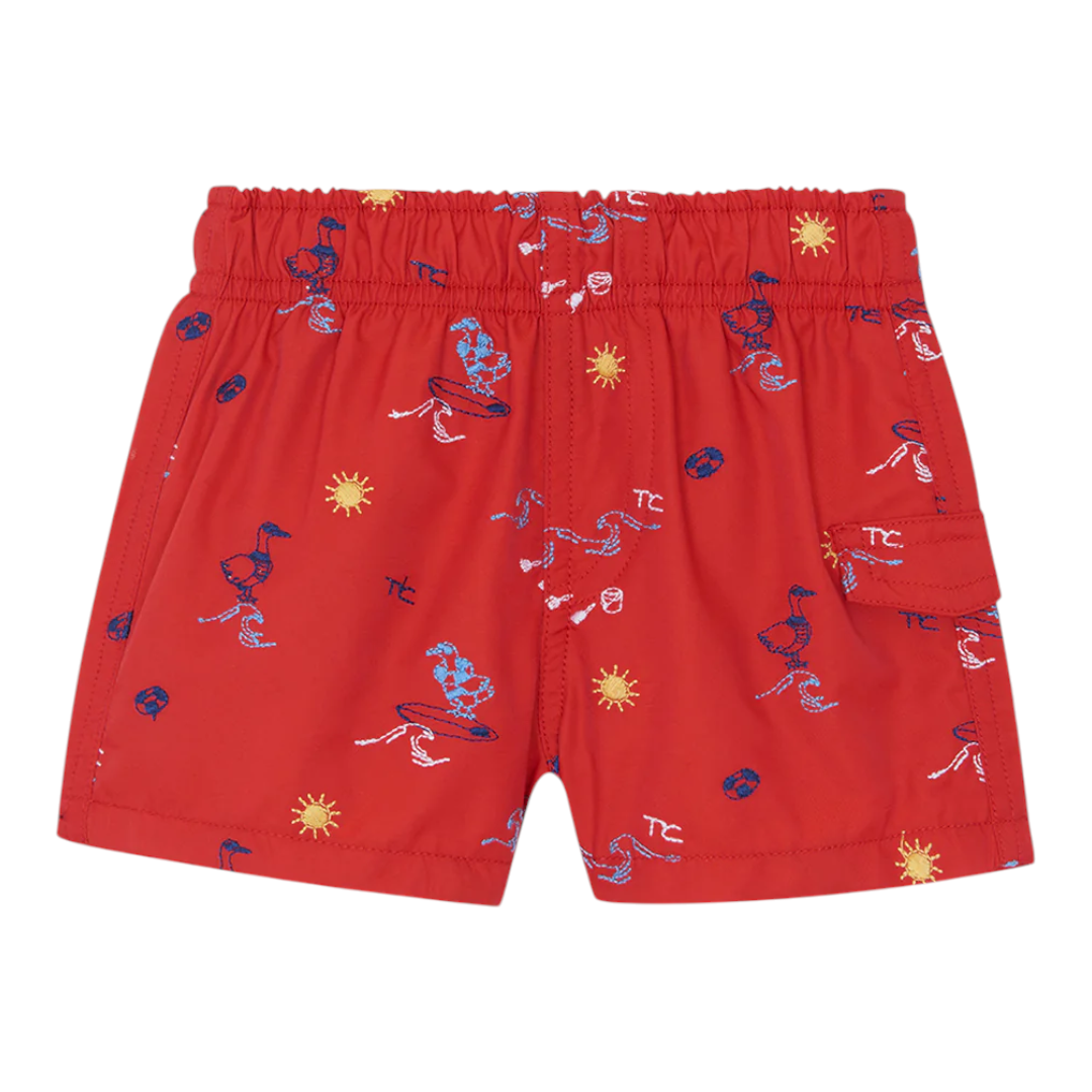 Boys Red Surfer Print Swim Shorts