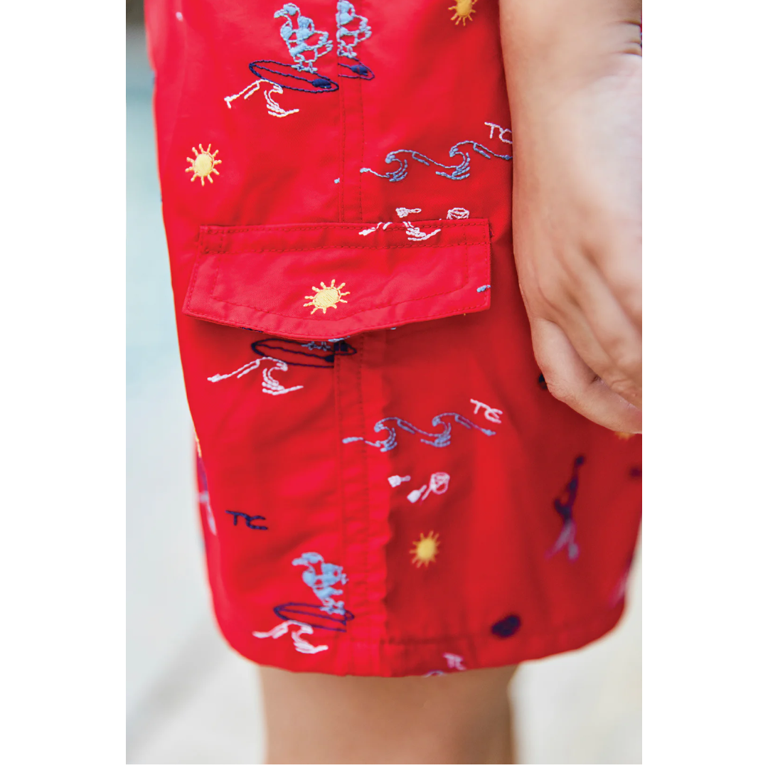Boys Red Surfer Print Swim Shorts