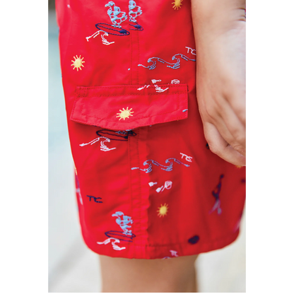 Boys Red Surfer Print Swim Shorts