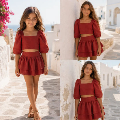 Girls Thira Red Linen Puff Sleeve Top &amp; Double Ruffle Skirt Set YELL OH!