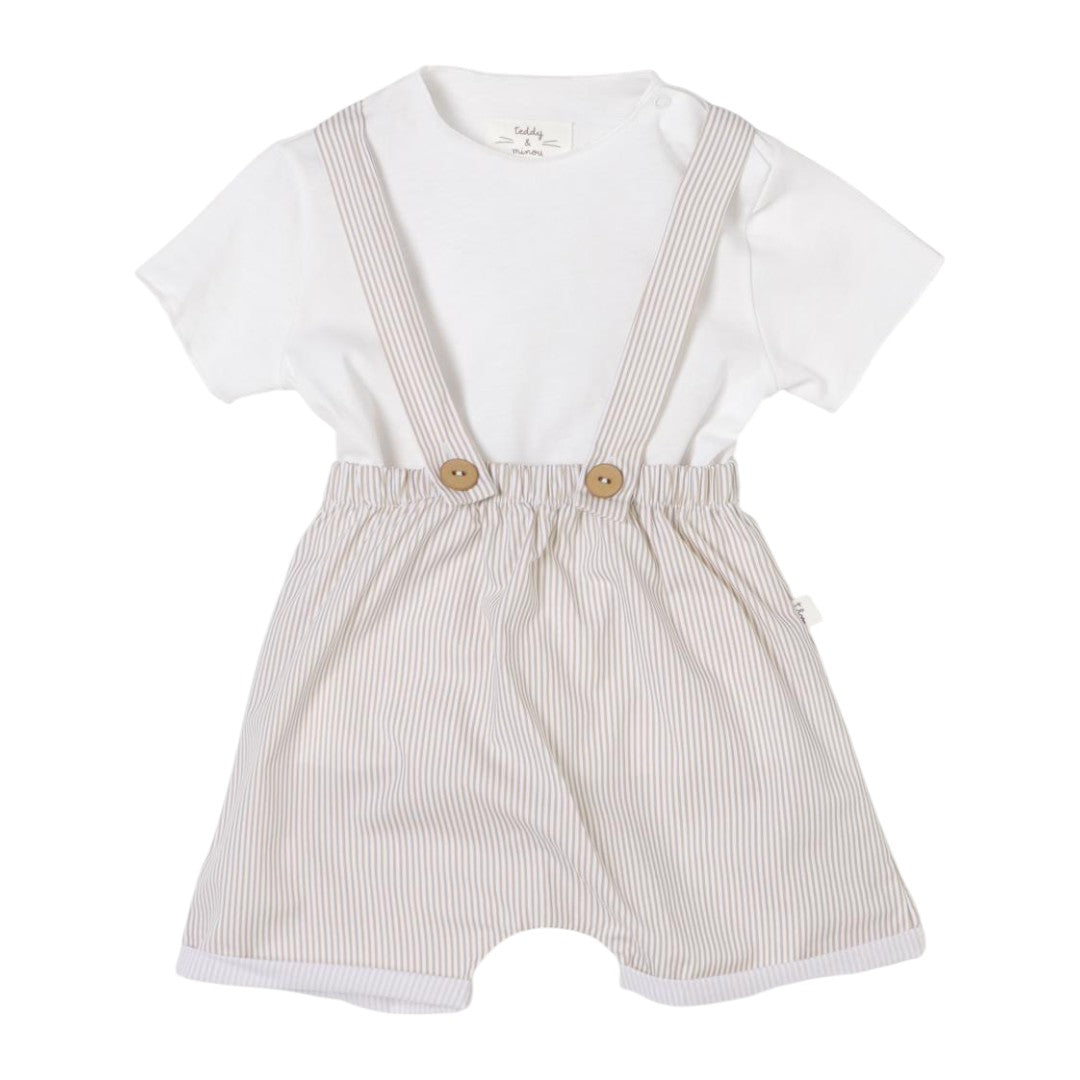 White Tshirt & Beige Overall Set