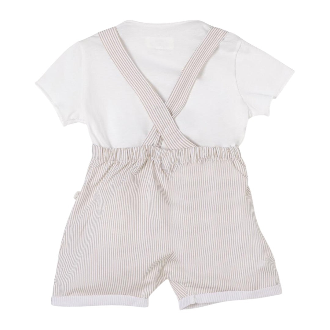 White Tshirt & Beige Overall Set
