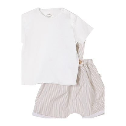 White Tshirt &amp; Beige Overall Set