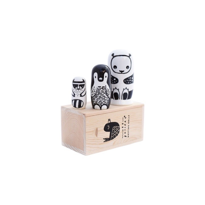 Set of 3 Nesting Dolls - Black and White Animals - Panda, Penguin, Racoon