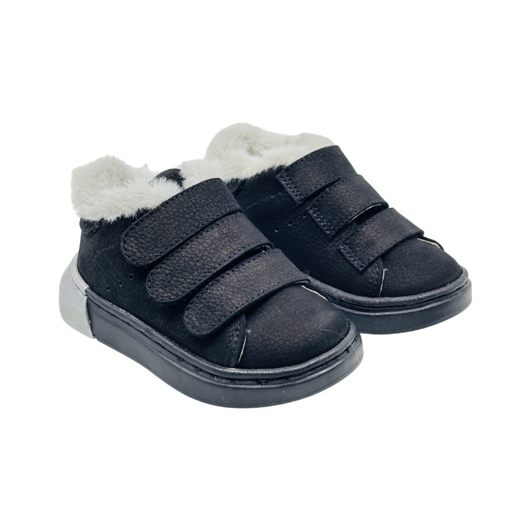 Three Strap Velcro Nubuk Leather Sneakers - Black