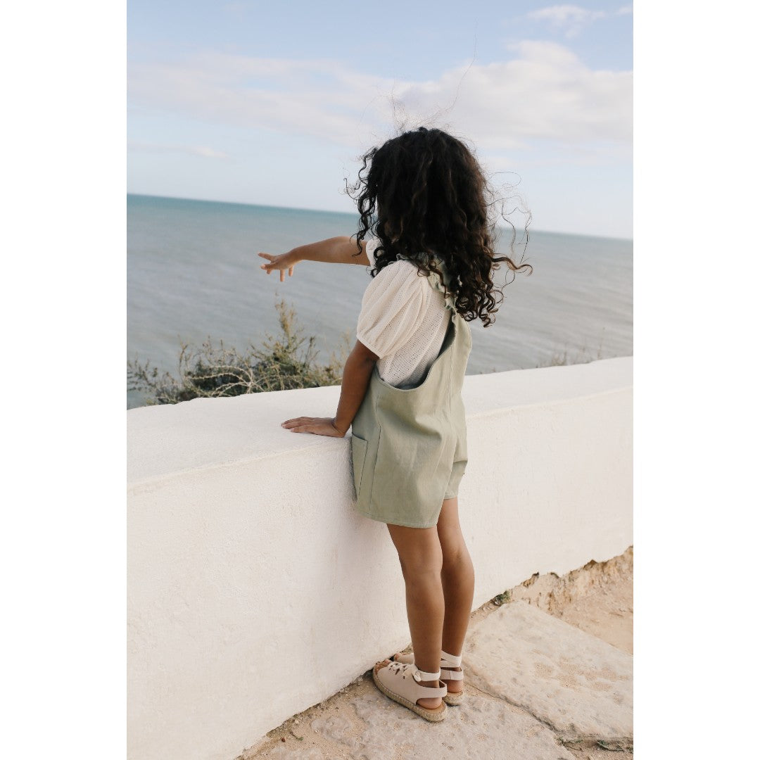 Girls Ecru Blouse &amp; Green Denim Playsuit