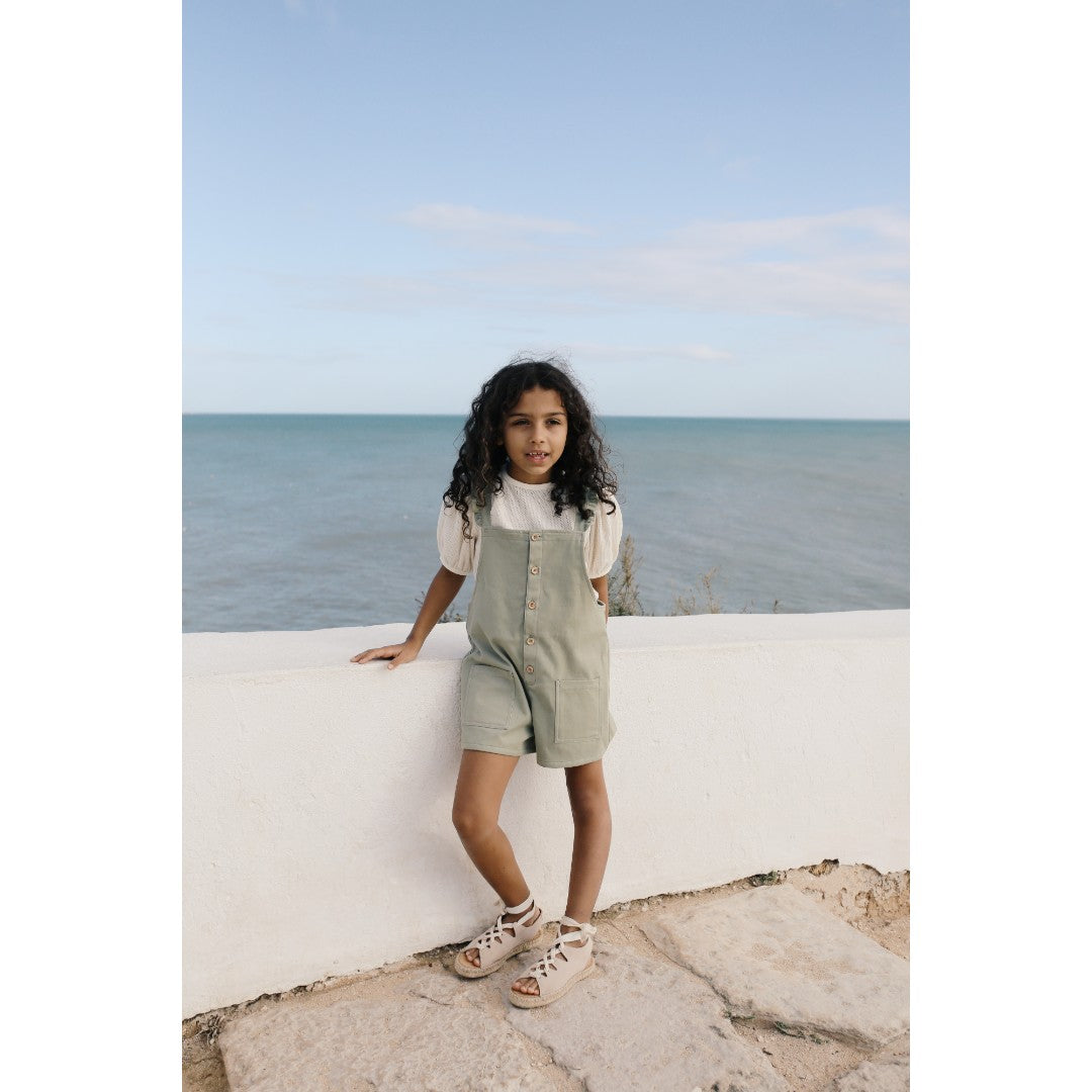 Girls Ecru Blouse &amp; Green Denim Playsuit