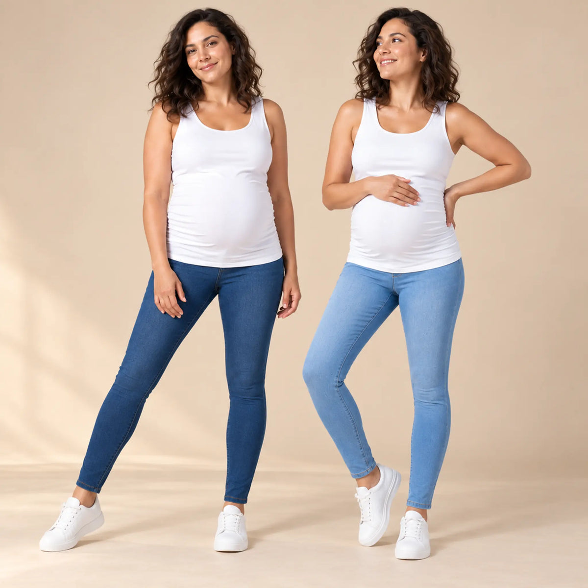 Mavis two-pack maternity jeggings in dark and light blue, shown together