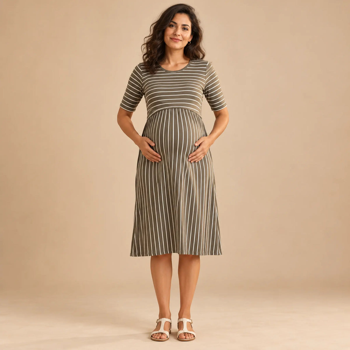 Navi: Striped Lift Up Midi A-Line Dress — maternity lookbook, look 03