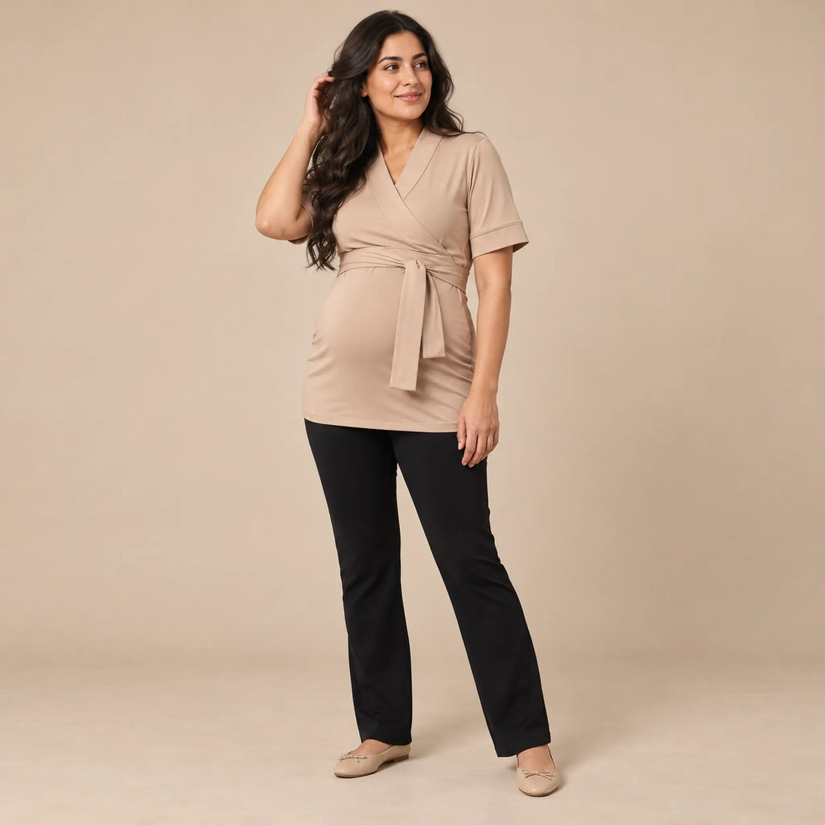 Lounge wrap top-Sand — maternity lookbook, look 01