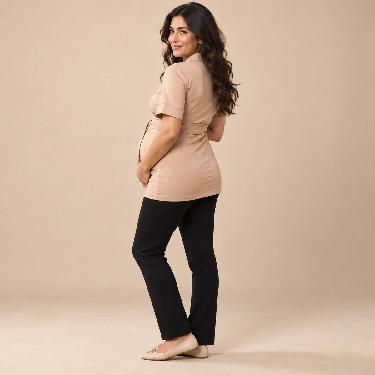 Lounge wrap top-Sand — maternity lookbook, look 02