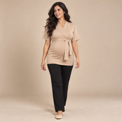 Lounge wrap top-Sand — maternity lookbook, look 03