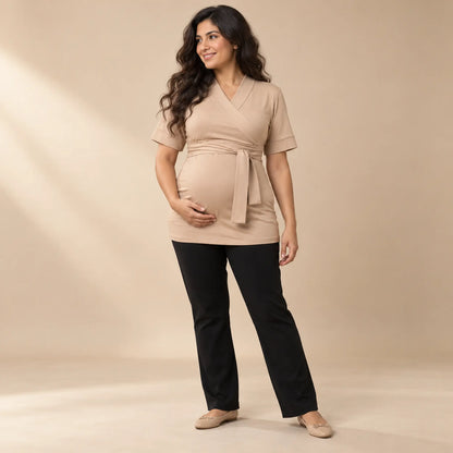 Lounge wrap top-Sand — maternity lookbook, look 04