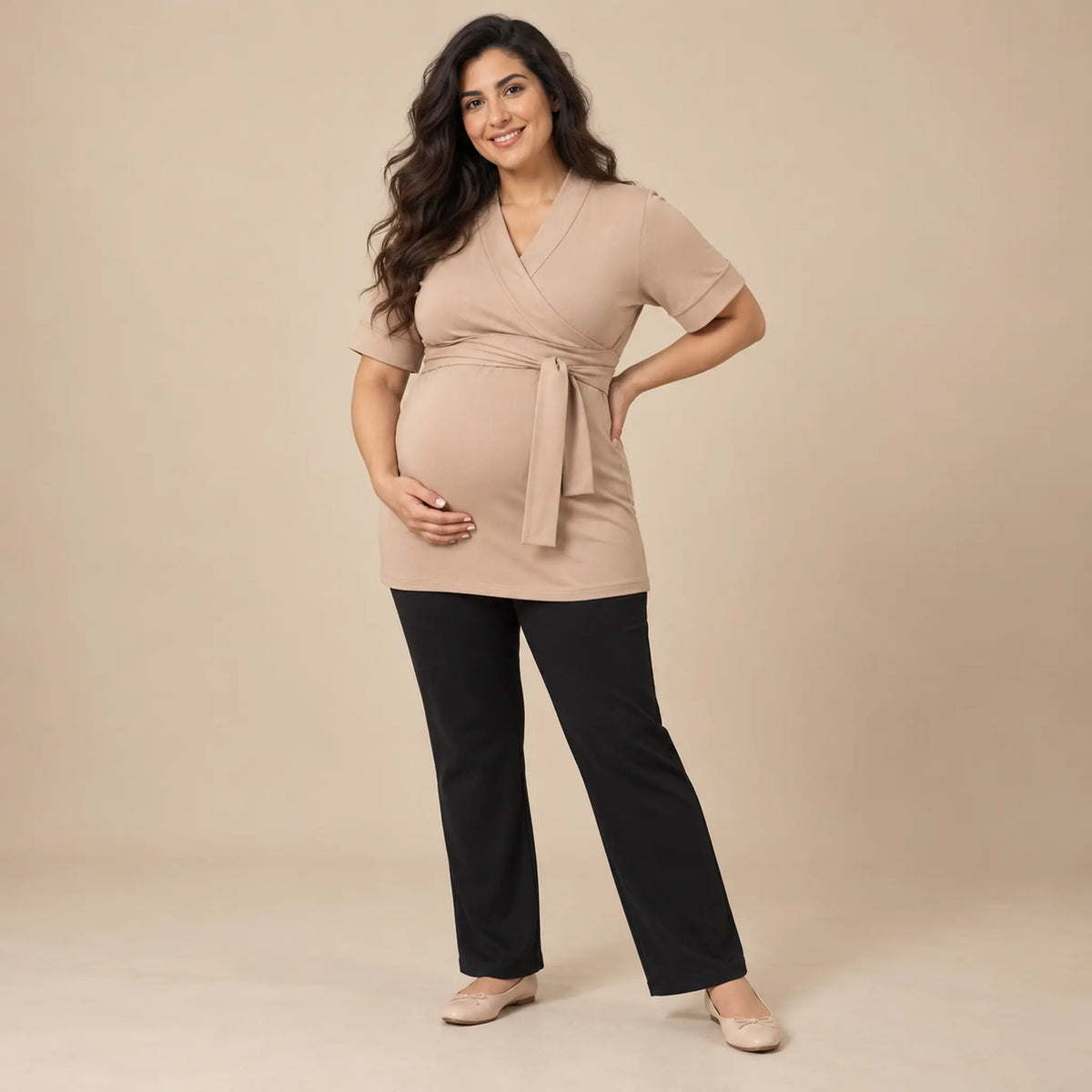 Lounge wrap top-Sand — maternity lookbook, look 05