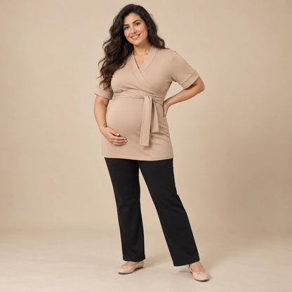 Lounge wrap top-Sand — maternity lookbook, look 05
