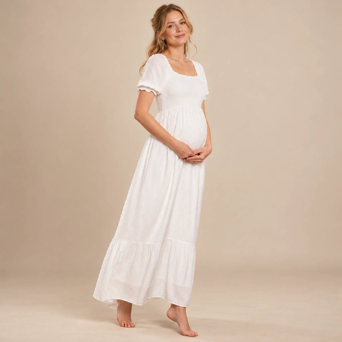 Carolina: Shirred Midi Dress — maternity lookbook, look 01