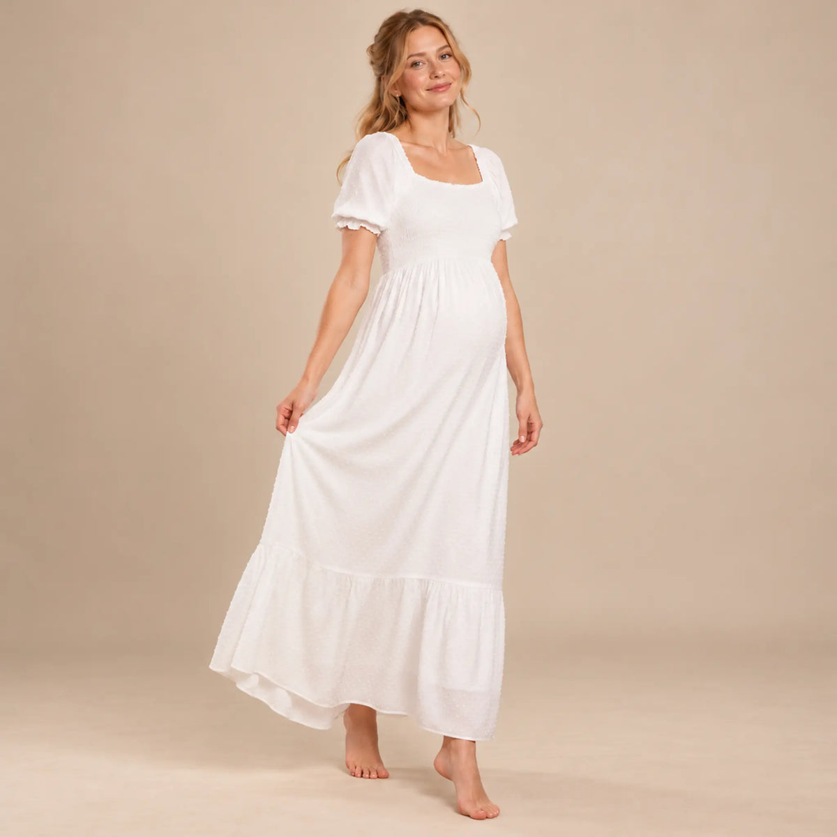 Carolina: Shirred Midi Dress — maternity lookbook, look 03