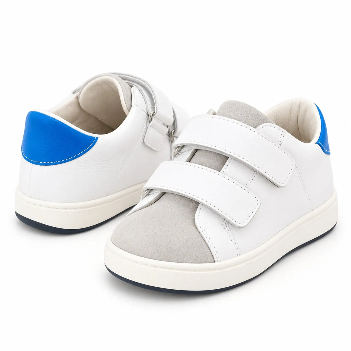 White Grey Electric Blue Double Strap Sneakers product photo on pure white background