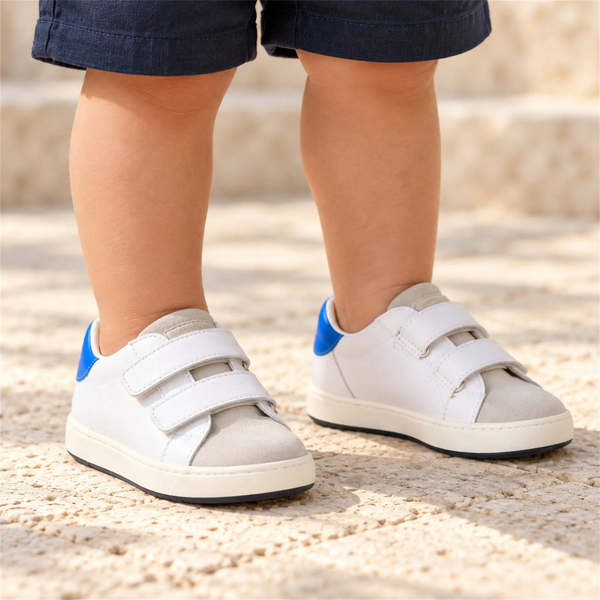 White Grey Electric Blue Double Strap Sneakers close-up worn lookbook