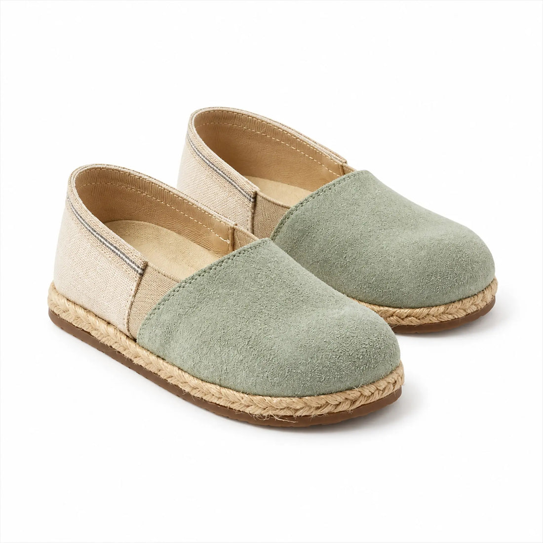 Two Tone Suede Leather &amp; Fabric Espadrilles - Mint Beige product photo on pure white background