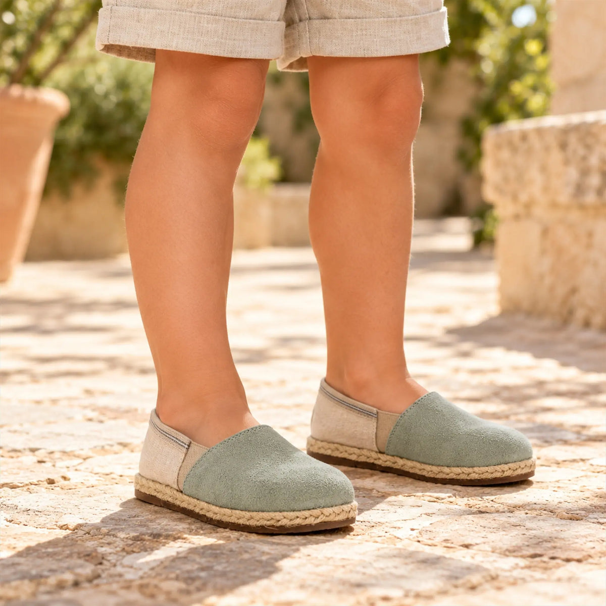 Two Tone Suede Leather &amp; Fabric Espadrilles - Mint Beige close-up lookbook of a child wearing