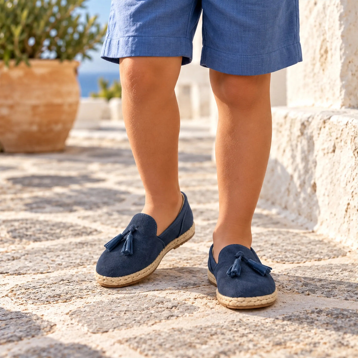 Tasseled Suede Leather Sleepers Espadrilles - Blue close-up lookbook of a child wearing