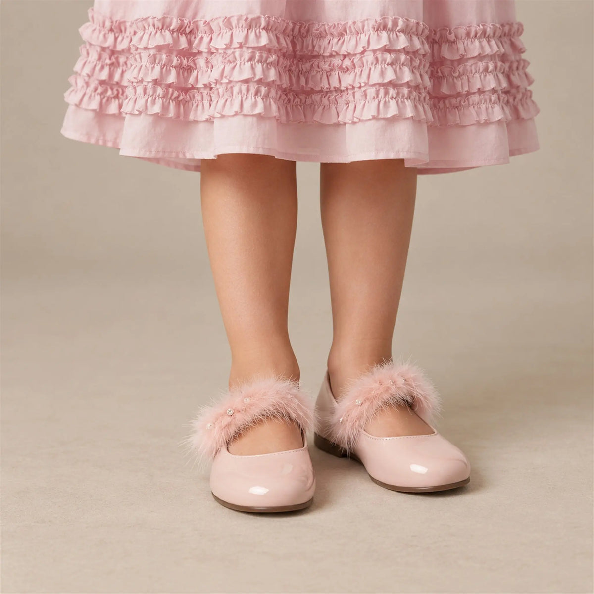 Dusty Pink Fur Ballerina close-up lookbook of a child wearing