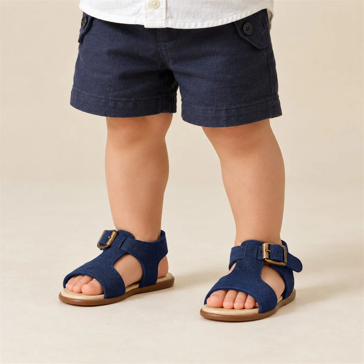 Blue Suede Leather Sandal close-up lookbook of a child wearing
