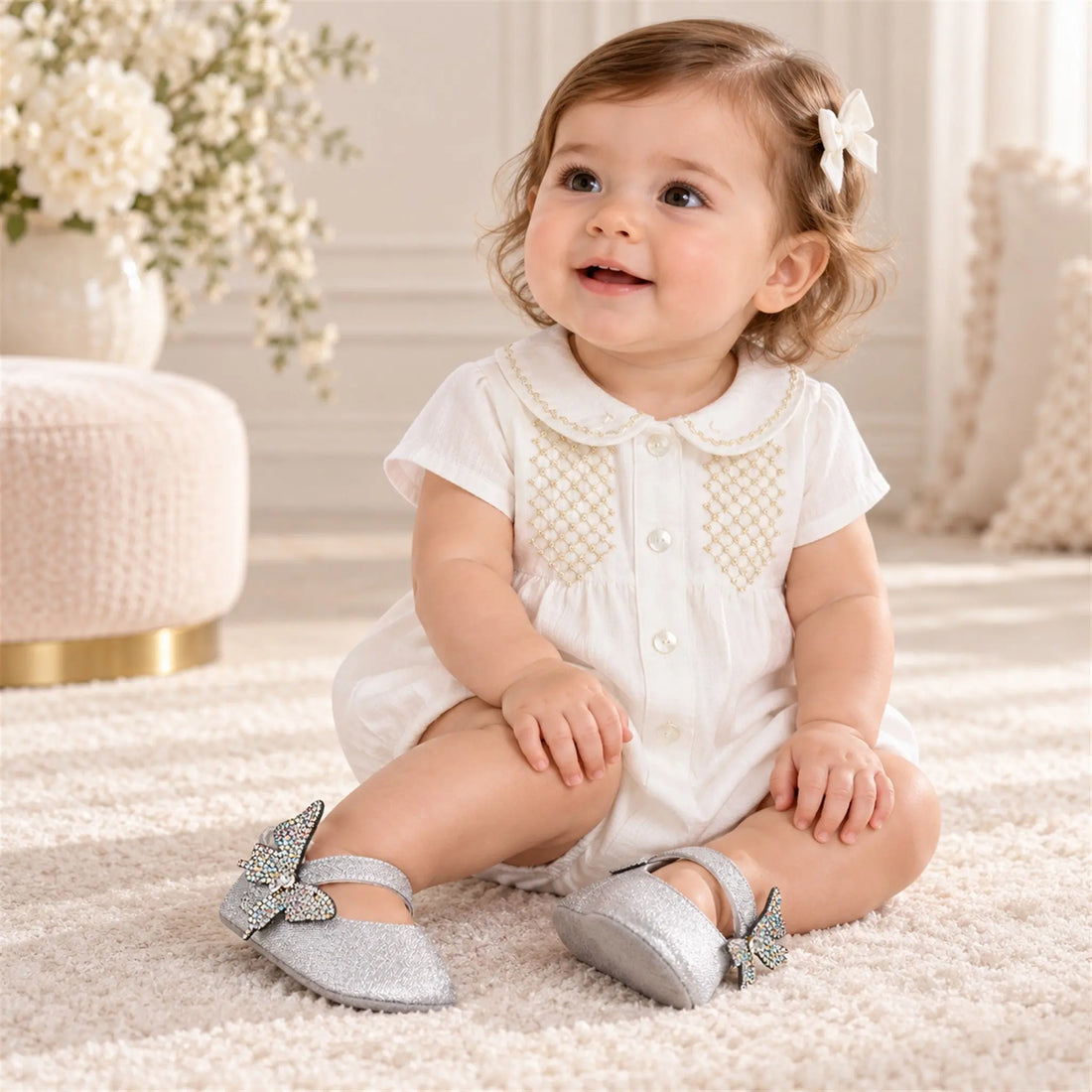 BabyWalker Silver Glitter Baby Girls Ballerina Shoes with Butterfly worn lookbook, shoe size 16-17