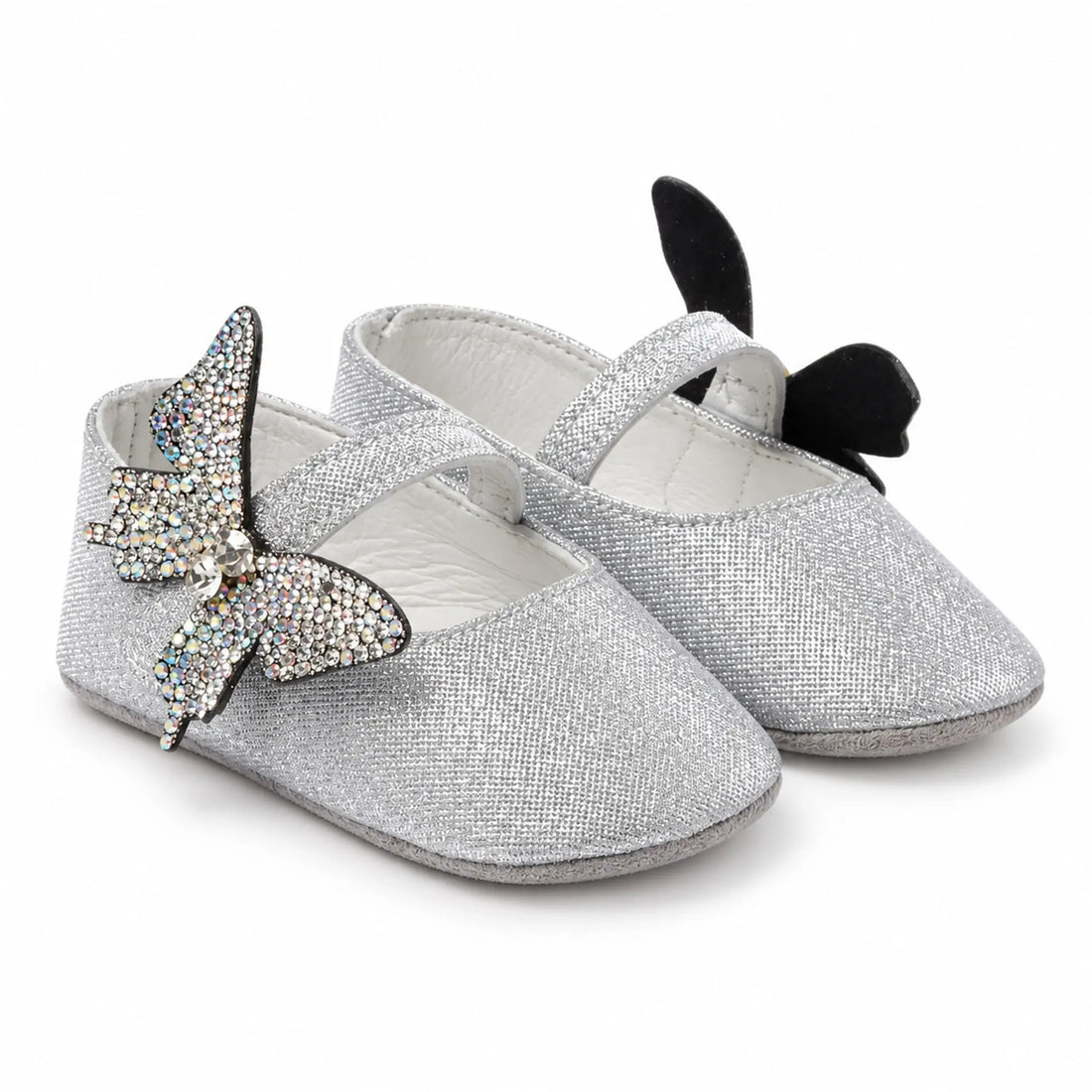 BabyWalker Silver Glitter Baby Girls Ballerina Shoes with Butterfly product photo on pure white background