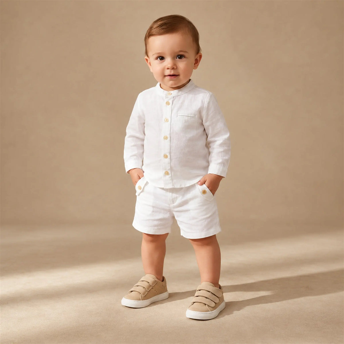 BabyWalker Beige Leather Velcro Boys Sneakers worn lookbook, shoe size 19