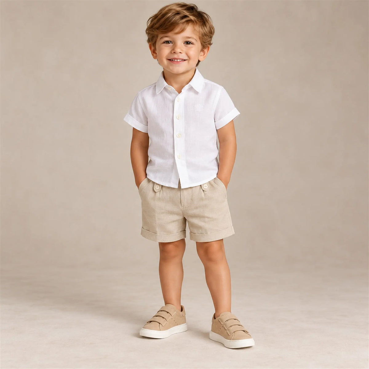 BabyWalker Beige Leather Velcro Boys Sneakers worn lookbook, shoe size 30